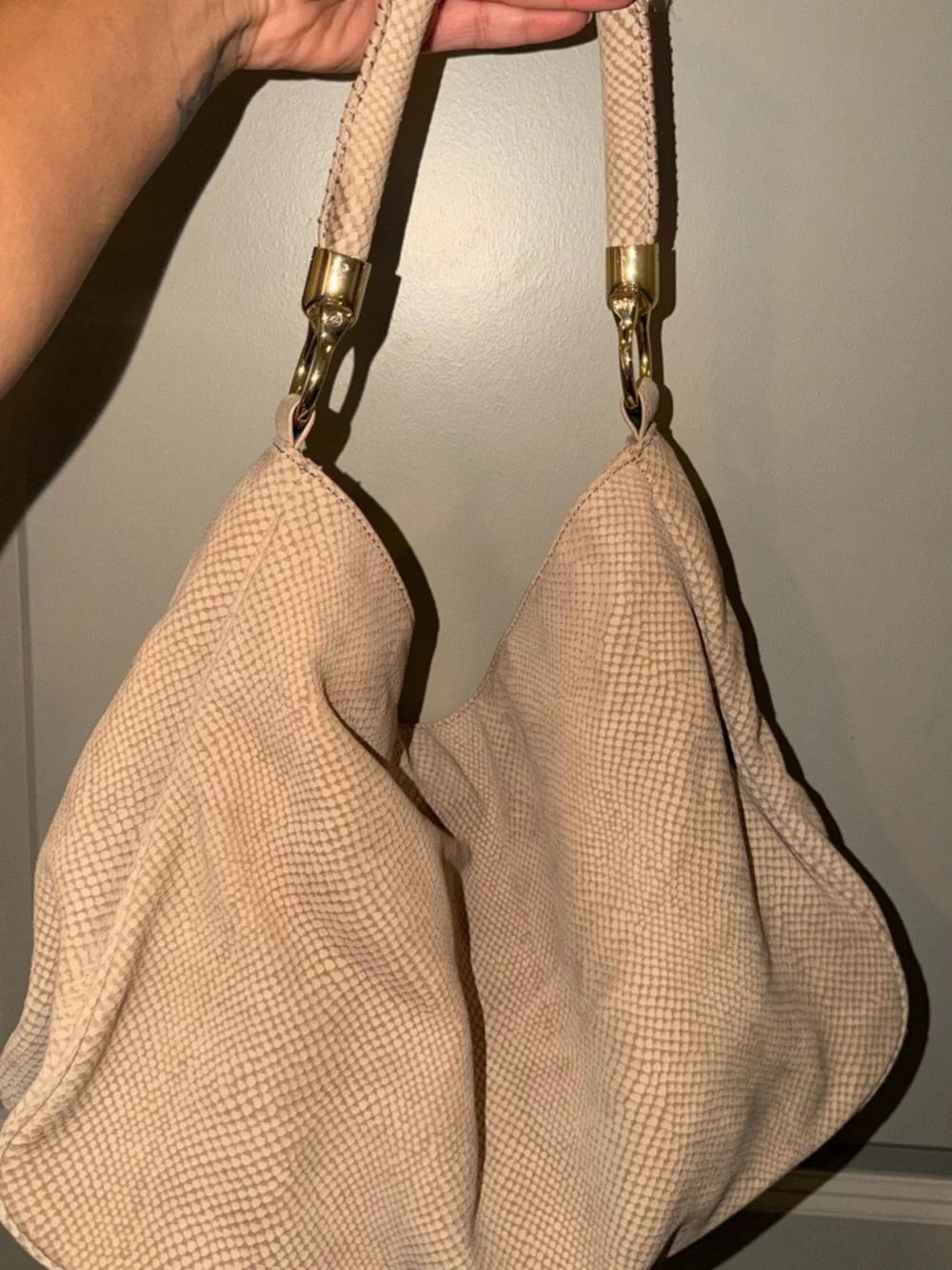 Talbots Beige Textured Hobo Bag with Gold Hardware - Women's Shoulder Bag